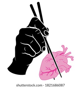 Human hand holding human heart with chopsticks. Monochrome silhouette. Creative concept.