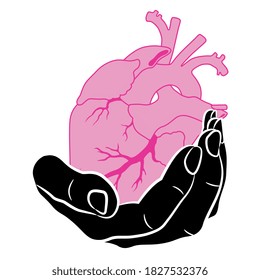 Human hand holding human heart. Creative romantic or medical concept. Isolated vector illustration.