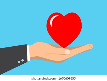 Human hand holding a heart, flat vector illustration. For congratulations or web banners.