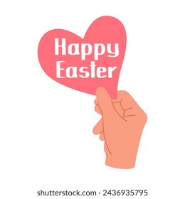 Human hand holding heart with happy easter inscription. Vector flat illustration.