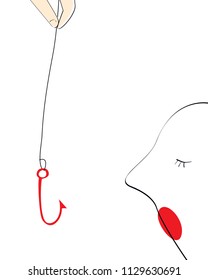 Human hand holding hook lures credulous lightminded person. Credulousness in advertising business, danger trap manipulation concept