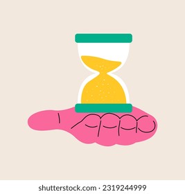 Human hand holding hourglass, business management concept and time. Colorful vector illustration
