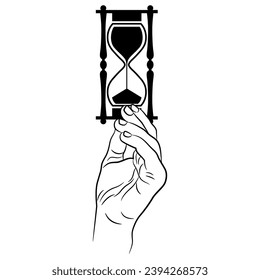 Human hand holding a hourglass or sand clock. Creative philosophical concept. Passage of time and deadline symbol. Black and white silhouette.