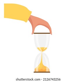 Human Hand holding Hourglass timer isolated clock. Running sandglass. Sandglass Icon. Sand Timer. Time and business management concept. Color Flat cartoon vector illustration on white background