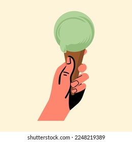 human hand holding ice-cream on cone, flat vector illustration