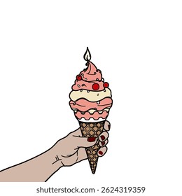 mão humana segurando sorvete no cone, ilustração vetorial plana. Mão de mulher com uma manicure segurando um cone de sorvete cremoso com polvilhos. Vetor liso isolado sobremesa doçura.

