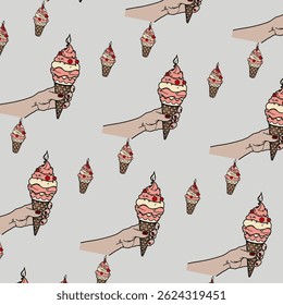 human hand holding ice-cream on cone, flat vector illustration. Woman hand with a manicure holding a cone of creamy ice cream with sprinkles. Vector flat isolated dessert sweetness.

