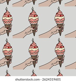 mão humana segurando sorvete no cone, ilustração vetorial plana. Mão de mulher com uma manicure segurando um cone de sorvete cremoso com polvilhos. Vetor liso isolado sobremesa doçura.

