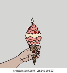 mão humana segurando sorvete no cone, ilustração vetorial plana. Mão de mulher com uma manicure segurando um cone de sorvete cremoso com polvilhos. Vetor liso isolado sobremesa doçura.
