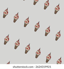 human hand holding ice-cream on cone, flat vector illustration. Woman hand with a manicure holding a cone of creamy ice cream with sprinkles. Vector flat isolated dessert sweetness.
