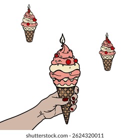 mão humana segurando sorvete no cone, ilustração vetorial plana. Mão de mulher com uma manicure segurando um cone de sorvete cremoso com polvilhos. Vetor liso isolado sobremesa doçura.

