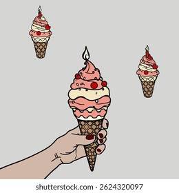mão humana segurando sorvete no cone, ilustração vetorial plana. Mão de mulher com uma manicure segurando um cone de sorvete cremoso com polvilhos. Vetor liso isolado sobremesa doçura.

