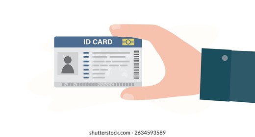 Human hand holding ID card. Plastic password, identification card. Male character personal business card. Mockup, template, closeup view. flat vector illustration - Powered by Shutterstock - Get 15% off with code: PIKWIZARD15