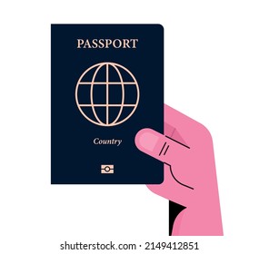 Human hand holding international passport and journey identity flat vector illustration.