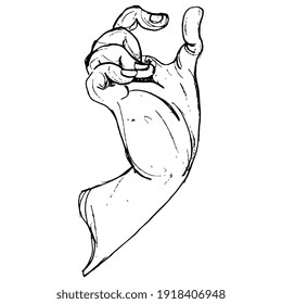 Human hand holding invisible tiny object. Pinch gesture. Oriental Asian style. Hand drawn linear doodle rough sketch. Black silhouette on white background.