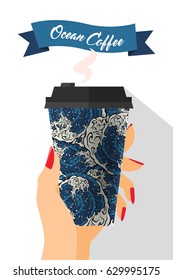 Human Hand Holding Japanese Art Ocean Wave Graphic Texture Pattern Paper Cup Take Away Coffee Vector Art Design Illustration
