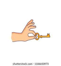 Human hand is holding the key. Flat element for infographic, web, internet, presentation isolated on a white background. Vector illustration eps 10