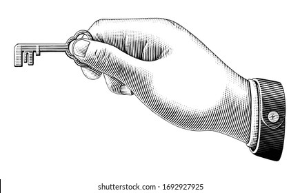 Human hand holding key vintage style black and white drawing clip art isolated on white background