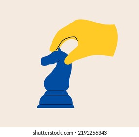 Human hand holding knight piece. Colorful vector illustration
