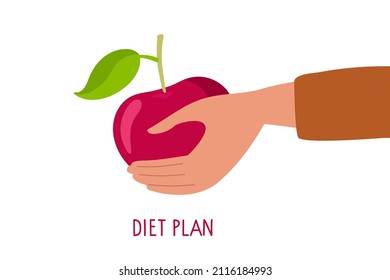 Human hand holding large red apple. Inscription Diet plan. Healthy lifestyle planning, weight loss diets. Healthy food, diet, vegeterian, vitamin. Colored flat Vector illustration isolated on white.