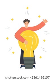Human hand holding light bulb, finding ideas, solution or answer, startup, brainstorming, creativity concept, flat vector illustration