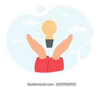 Human hand holding light bulb, finding ideas, solution or answer, startup, brainstorming, creativity concept, flat vector illustration