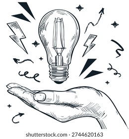 Human hand holding light bulb. Successful idea, inspiration and business startup concept. Vector hand drawn sketch illustration