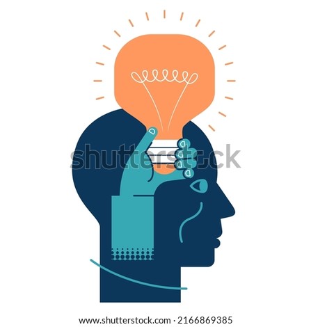 Human hand holding a light bulb. Business idea, plan strategy and solution concept. Big idea, thinking, innovation. Business start up. Human head silhouette.