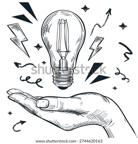 Human hand holding light bulb. Successful idea, inspiration and business startup concept. Vector hand drawn sketch illustration