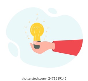 Human hand holding light bulbs, creating bright ideas, light bulb icon, ideas, brainstorming concept, flat vector illustration