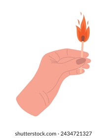 Human hand holding a lighted match. Vector illustration of a woman's hand with a burning match