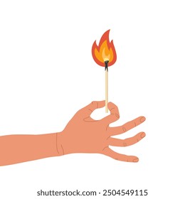 Mano humana sosteniendo fósforo iluminado. Fósforo en llamas. Cerilla de madera con fuego. Fósforo encendido que arde con la llama de fuego aislada en el fondo blanco. Icono de Vector plano