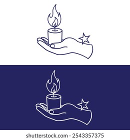 Human hand holding line art candle flame. Vector illustration. 