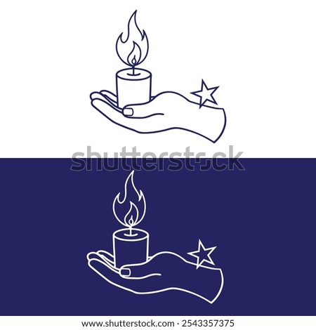 Human hand holding line art candle flame. Vector illustration. 