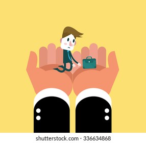 Human hand holding little businessman. flat character design. vector illustration
