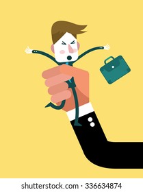 Human hand holding little businessman. oppression concept. flat character design. vector illustration