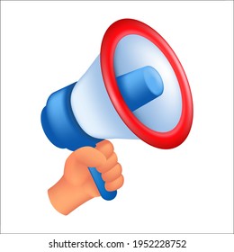 Human hand holding a loudspeaker. 3D cartoon vector illustration of a male hand with a megaphone isolated on a white background
