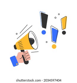 Human hand holding a loudspeaker. Banner for posting information,purposes,advertisement,marketing,announcement.Flat vector illustration.
