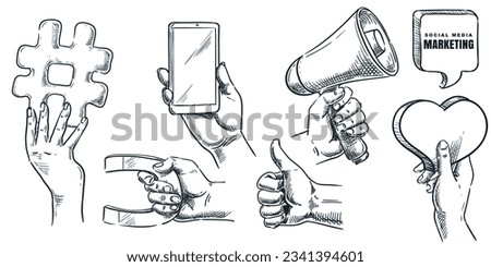 Human hand holding loudspeaker, hashtag sign, magnet, smartphone, heart. Vector hand drawn sketch business illustration. Social media marketing, advertisement, referral program doodle icons