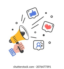 Human hand holding loudspeaker. Megaphone with Social media icons. Concept of adding subscribers, likes, message, attract attention. Template for ads, advertising. Vector. Flat cartoon style.