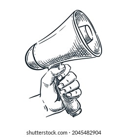 Human hand holding loudspeaker. Vector hand drawn sketch illustration. Megaphone doodle icon, isolated on white background. Advertisement, marketing, referral program concept