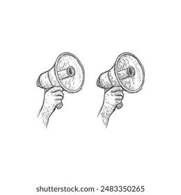 Mano humana sosteniendo el altavoz. Vector dibujado a mano ilustración de boceto. Icono de garabato de megáfono, aislado sobre fondo blanco. Publicidad, marketing, concepto de programa de Recomendación