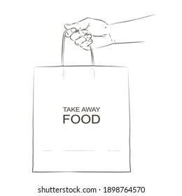 Human Hand Holding Lunch Brown Paper Bag.  Delivery Service Concept Order Boxed Food Home. Vector Line Sketch Illustration Of Take Away Meal Package Shopping