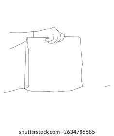 Mão humana segurando o saco de papel do almoço. Ícone de mão de saco de papel de entrega de alimentos. vetor de linha 
