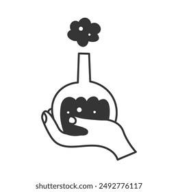 Menschliche Hand, die magischen Trank in Glasflasche hält. Fingergeste mit Hexerei. Bubbling Liquid Elixir. Magic Chemistry Symbol Symbol Logo. isolierte Vektorillustration