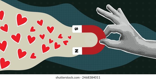 human hand holding a magnet attracting hearts, trendy halftone design, magazine style