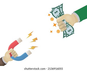 Human hand holding a magnet. Concept of attracting investments