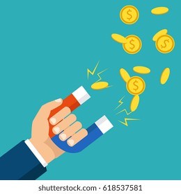 Human hand holding a magnet. Concept of attracting investments. Money, business, success magnet. Flat design, vector illustration