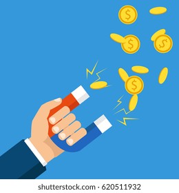 Human hand holding a magnet. Concept of attracting investments. Money, business, success magnet. Flat design, vector illustration