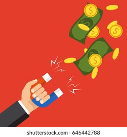 Human hand holding a magnet. Concept of attracting investments. Money, business, success magnet. Flat design, vector illustration